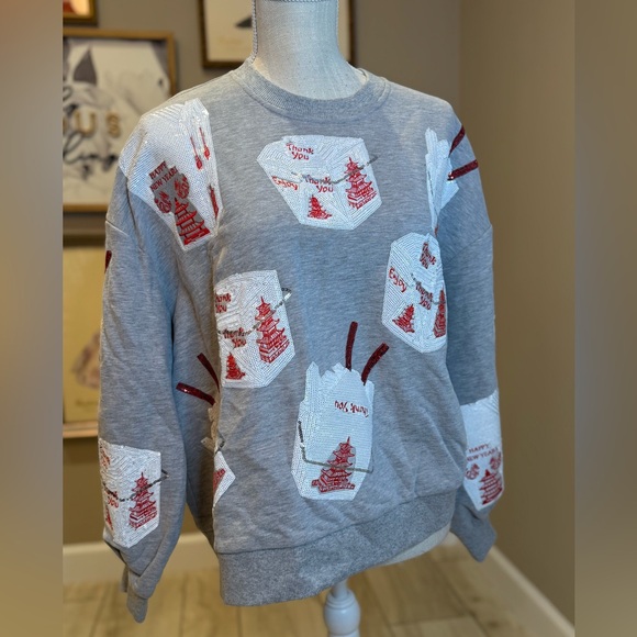 QUEEN OF SPARKLES Sweaters - New! QUEEN OF SPARKLES  Gray Sequin Chinese Lunchbox Oversized Sweatshirt